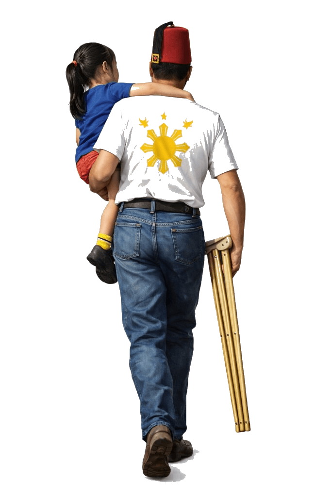 Shriner carrying a child, ceremonial editorial portrait